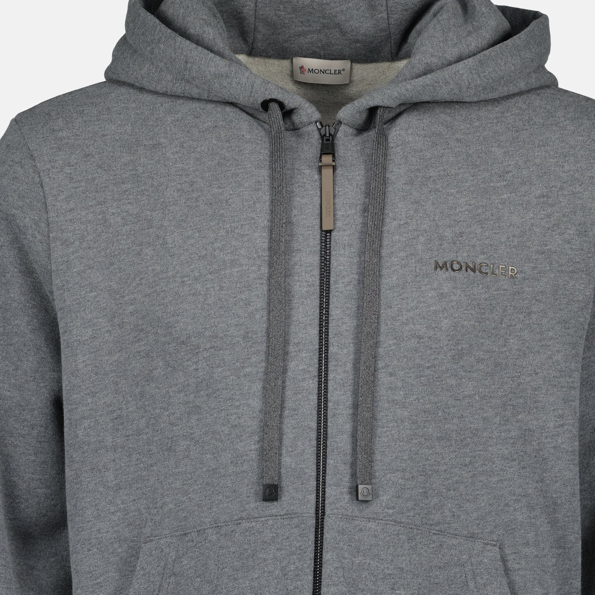 Moncler zip sweater, gray sweater, cotton fleece sweater, adjustable hood, luxury fashion