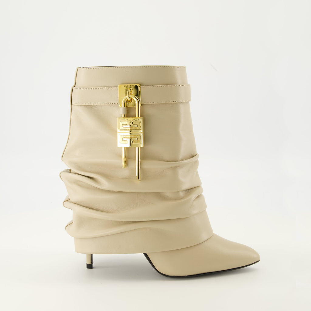 Givenchy booties, Shark Lock Stiletto, nappa leather footwear, golden metallic details, high-end women's shoes