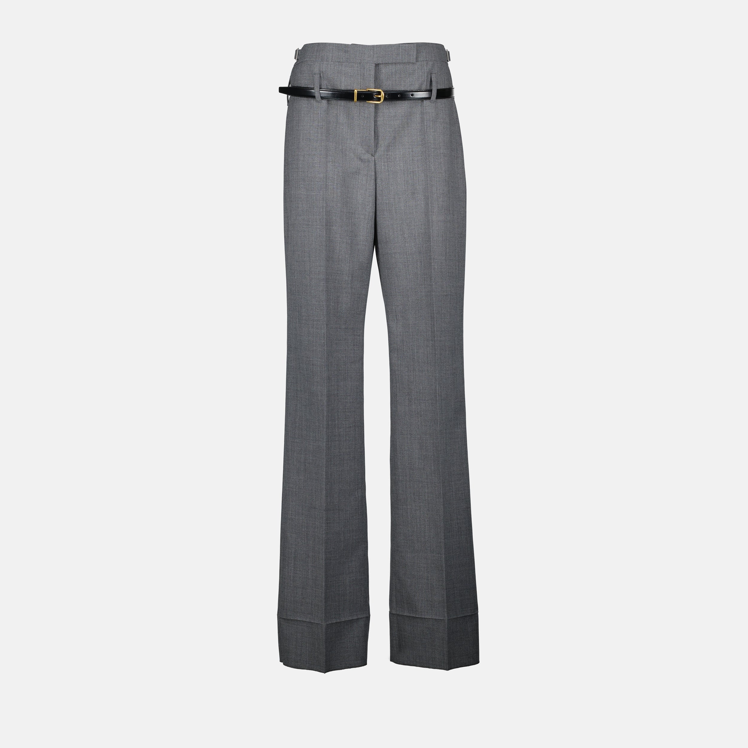 gray wool trousers, flare cut trousers, Prada trousers, women's trousers, tailored gray pants