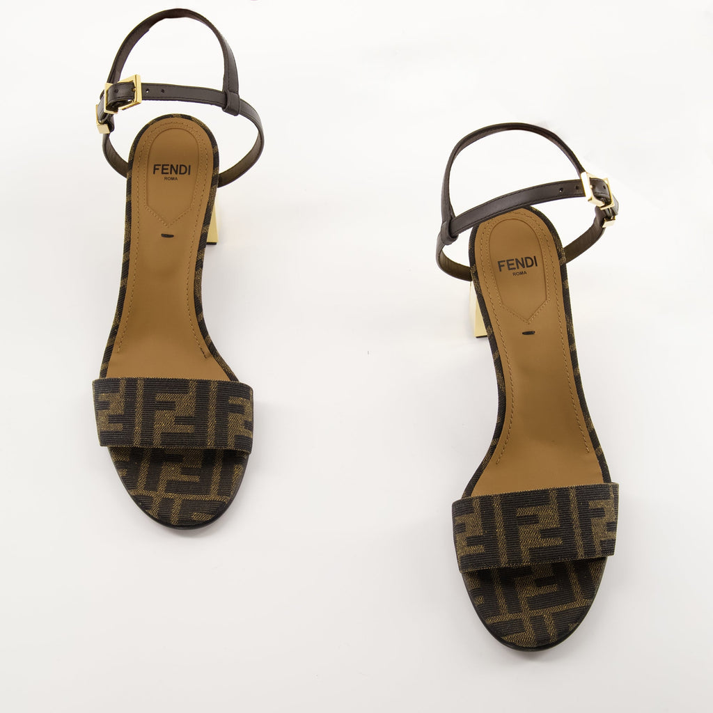brown heeled sandals, Delfina, adjustable ankle strap, FF print, Fendi sandals