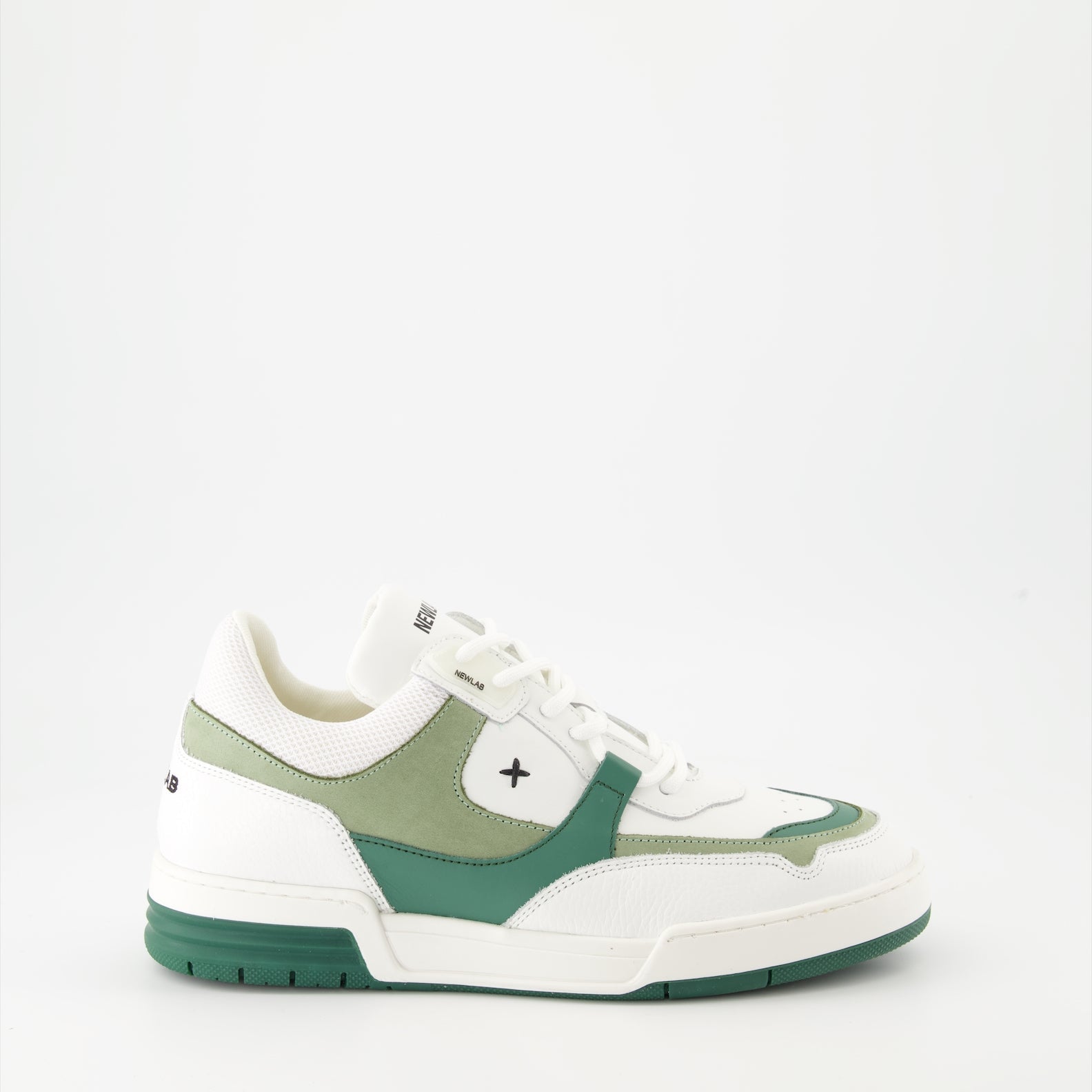 luxury sneakers, white leather shoes, green suede accents, New Lab collection, high-end fashion