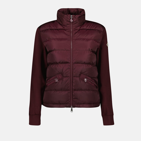 luxury jacket, bordeaux quilted jacket, Moncler fashion, high-end outerwear, bi-material jacket