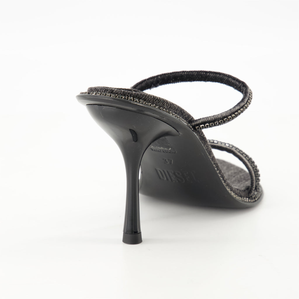 D-havanna SDL, heeled sandals, black denim, crystal embellishments, Spring-Summer 2025
