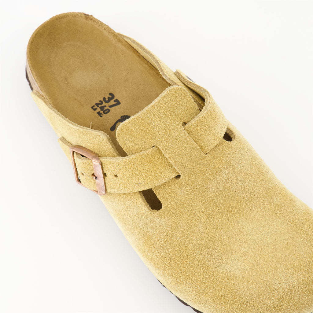 Birkenstock, Boston mules, beige mules, leather footwear, comfortable slip-ons