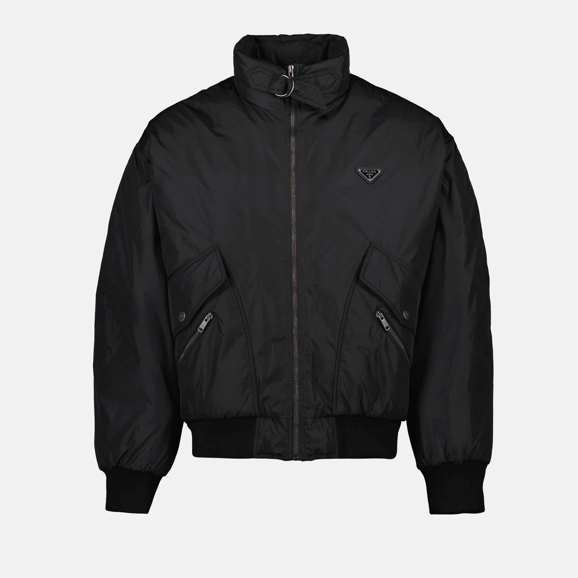 Re-nylon jacket, shearling collar, black zip jacket, ribbed edge jacket, Prada outerwear