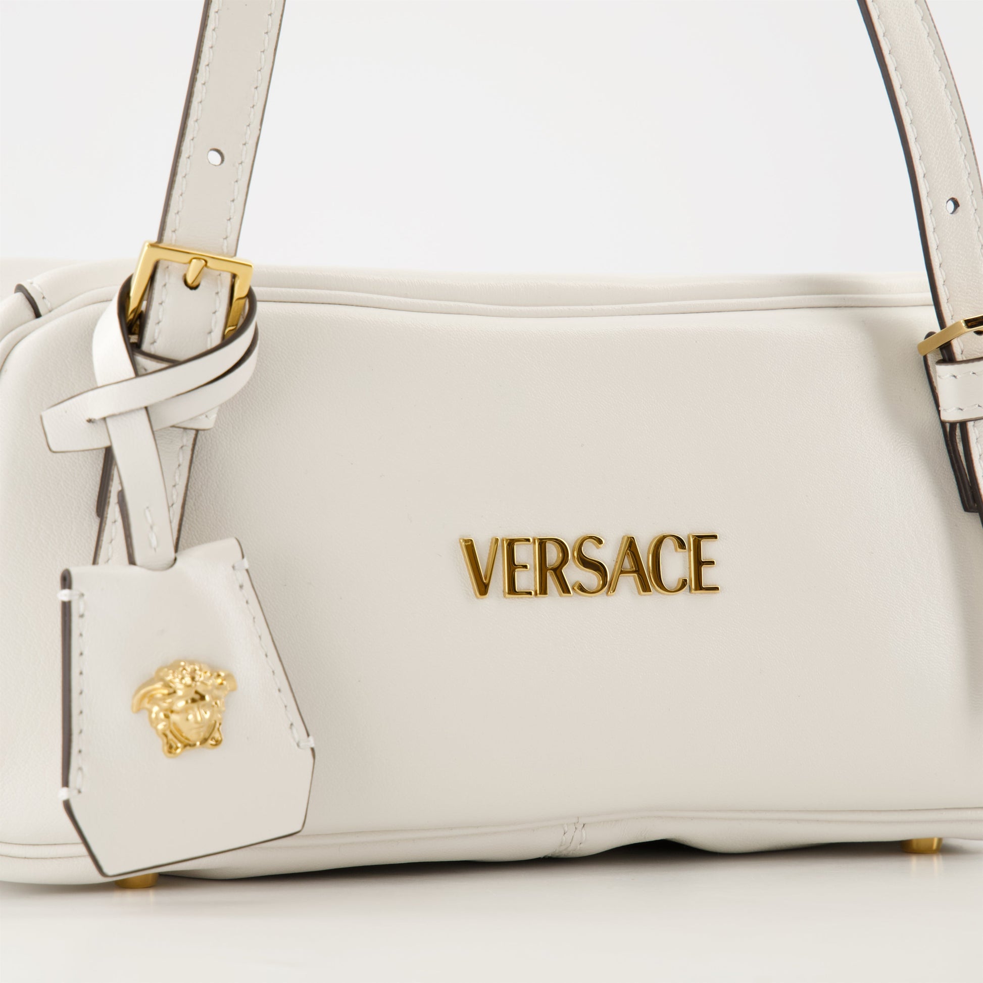 White leather bag, Bowling bag, Versace accessories, Medusa finish, Spring-Summer collection