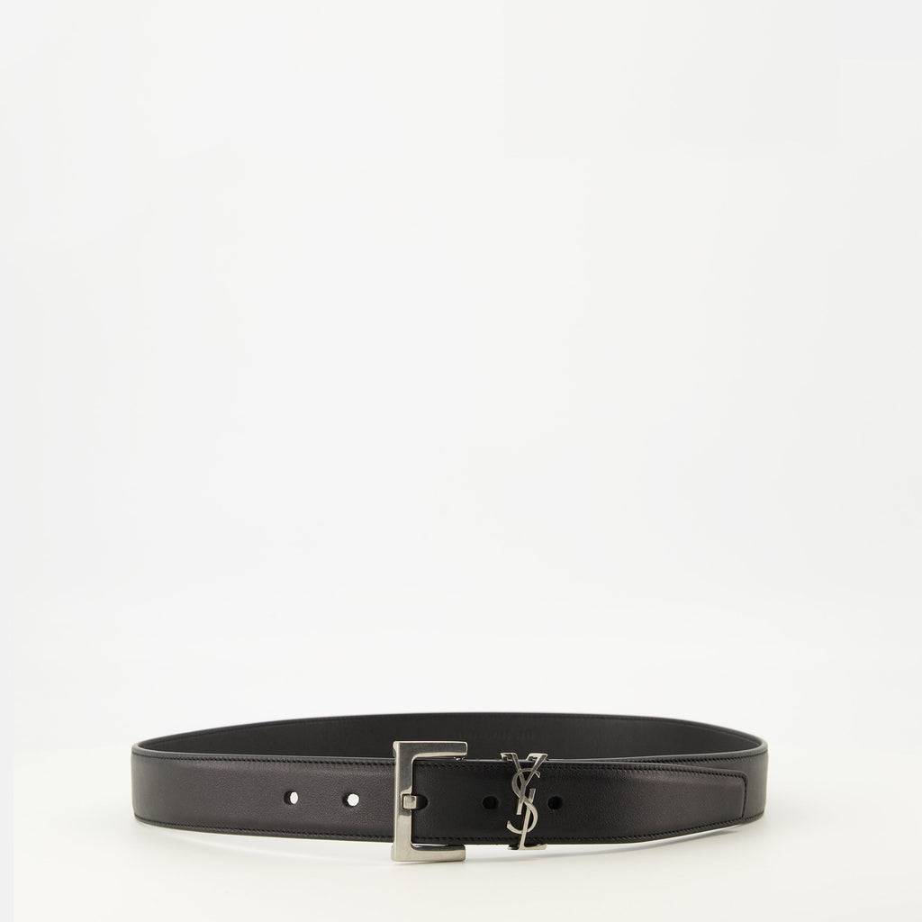 Cassandre belt, black leather belt, Saint Laurent accessories, luxury belts, fashion belts