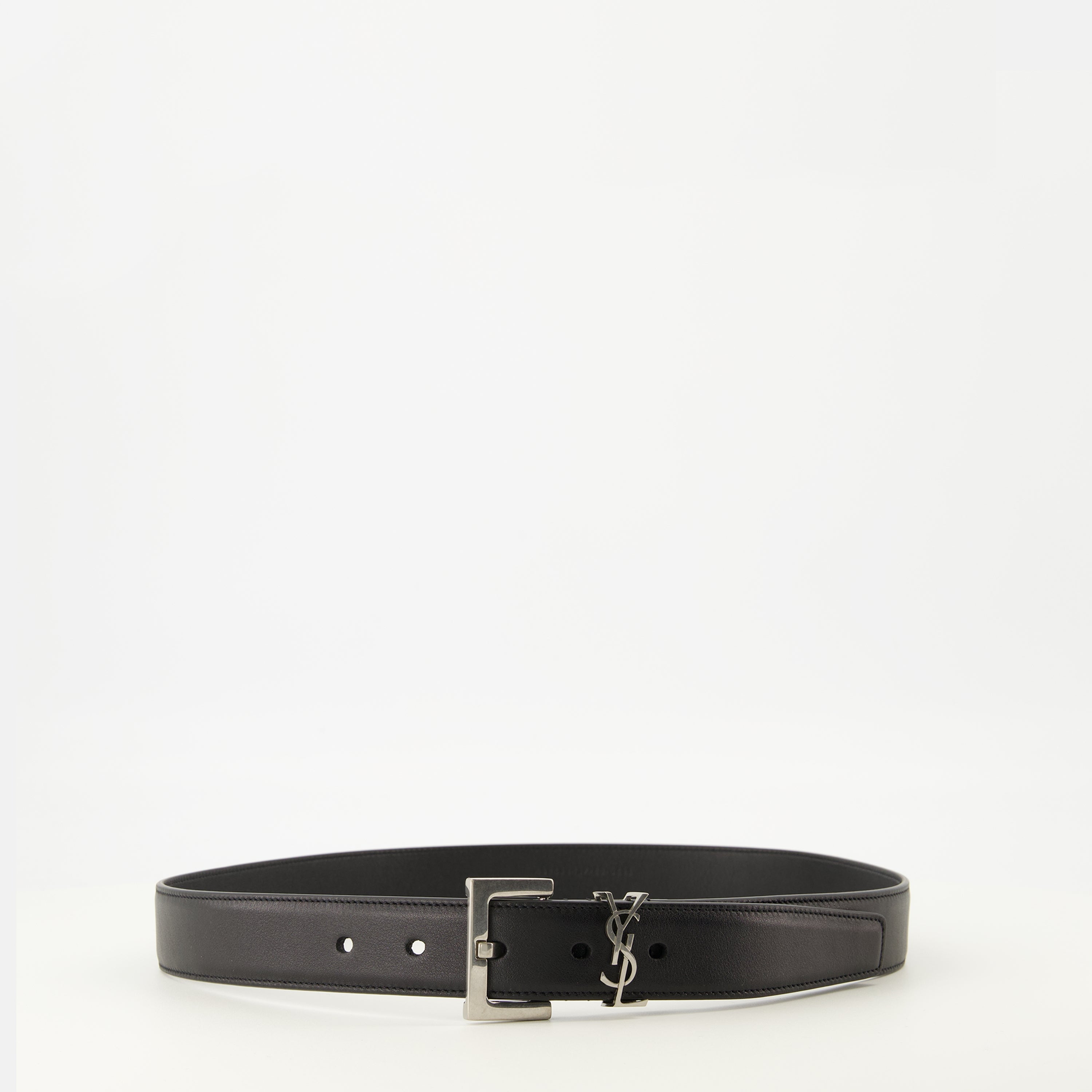 Cassandre belt, black leather belt, Saint Laurent accessories, luxury belts, fashion belts