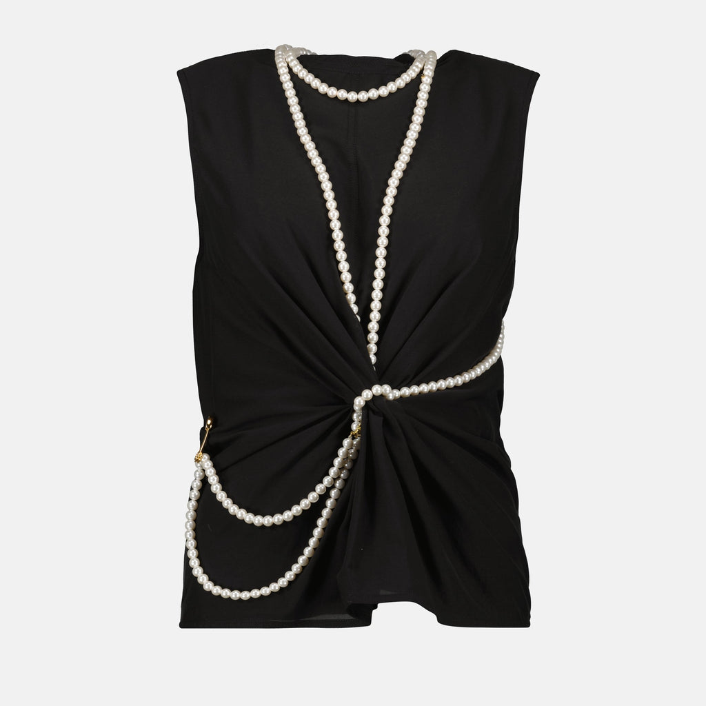 stretch top, Moschino, pearl collar, women’s fashion, black top
