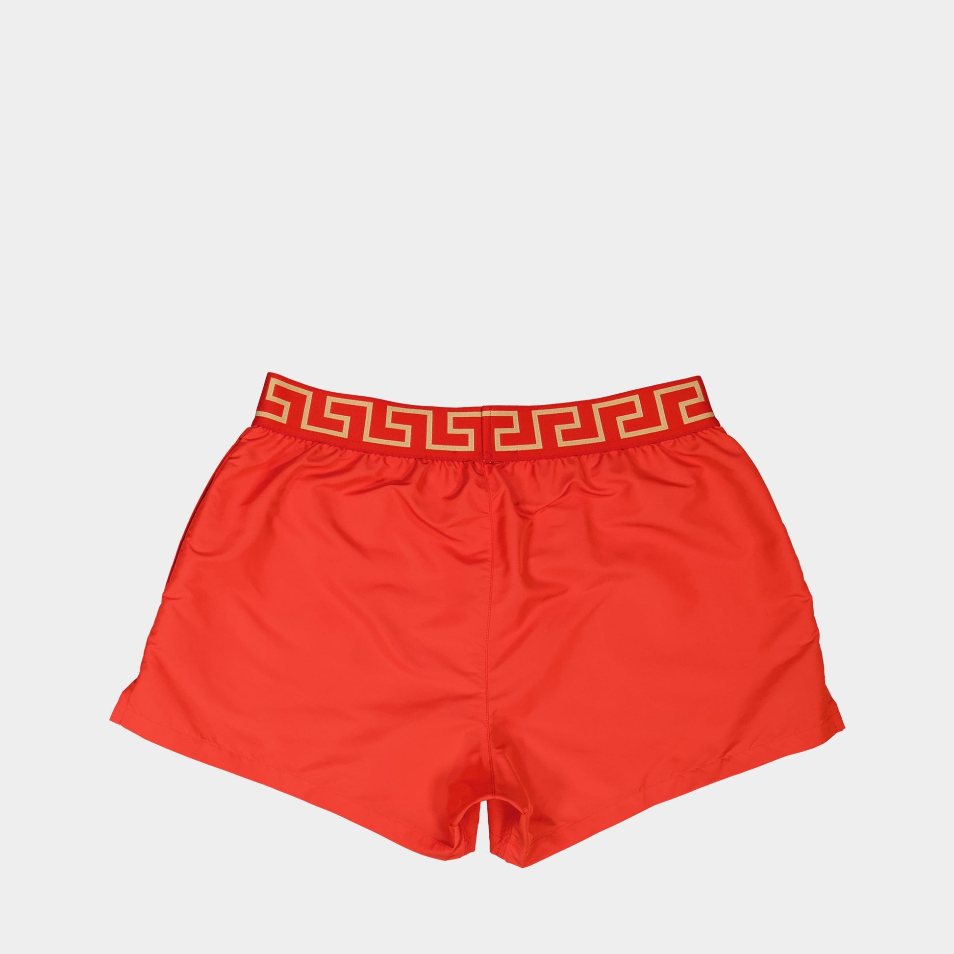 Versace swim shorts, Medusa Greca emblem, men's swimwear, red swim shorts, luxury beachwear