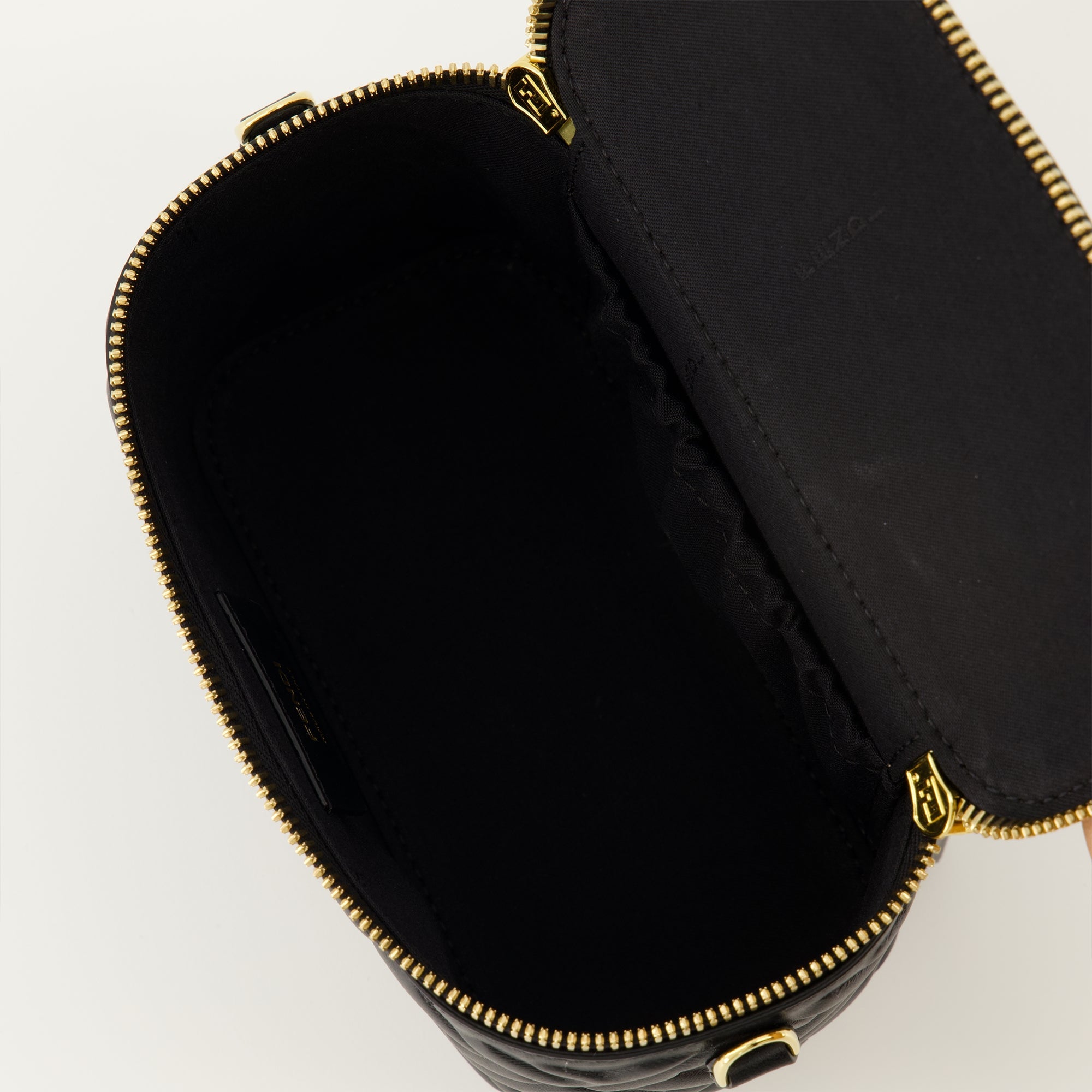 Fendi vanity bag, black leather bag, lambskin accessory, luxury handbag, 3D embossed FF