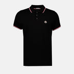 black polo shirt, Moncler polo, tri-color stripes, classic collar, piqué cotton