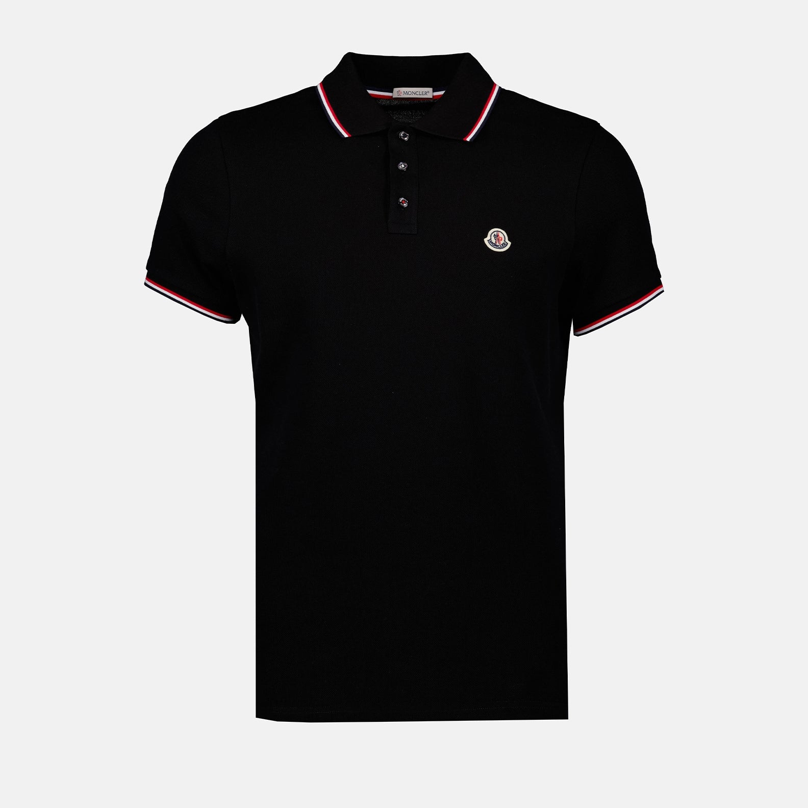 black polo shirt, Moncler polo, tri-color stripes, classic collar, piqué cotton