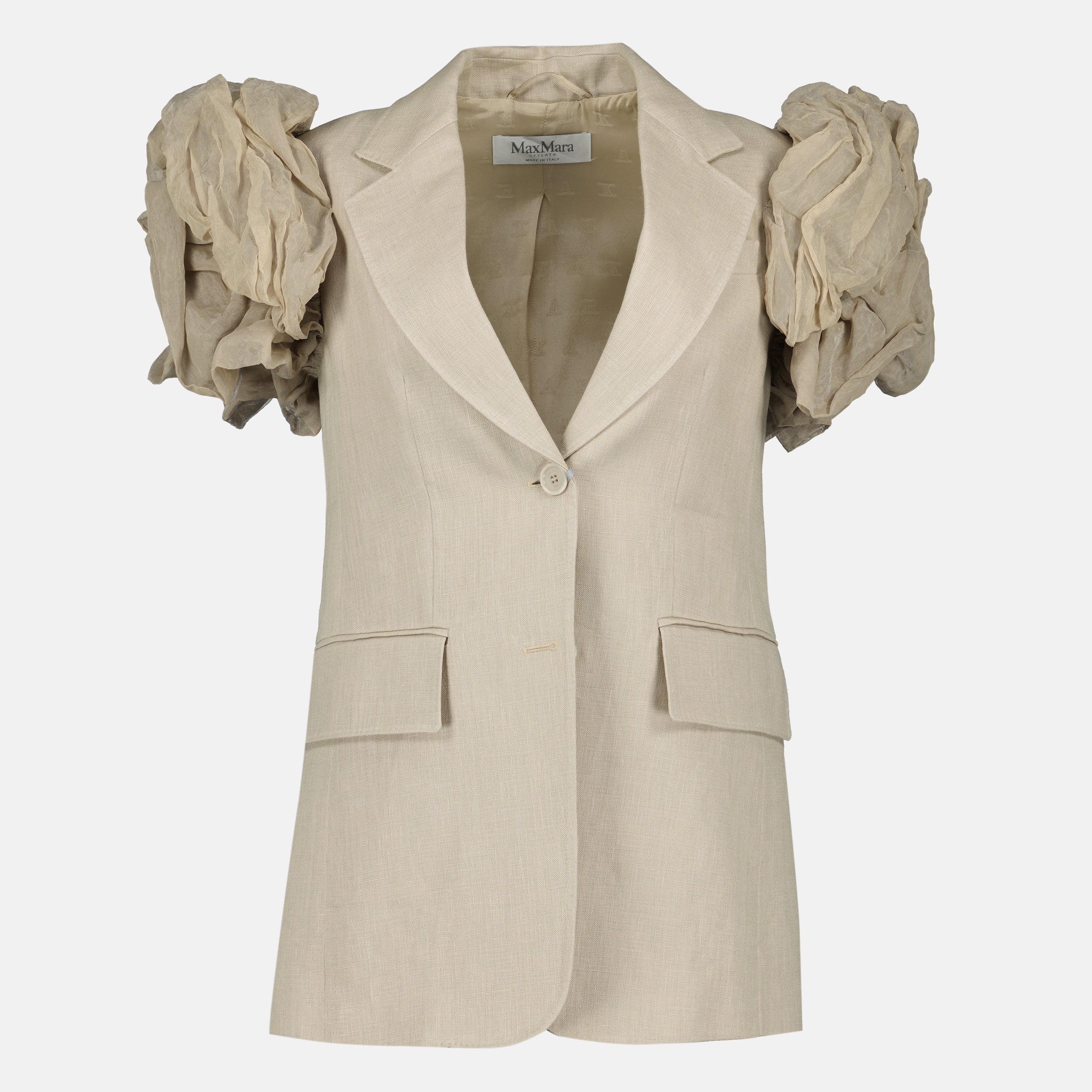 Imagen de un chaleco de lino beige con volantes de Max Mara para mujeres - Temporada Primavera-Verano 2026 - Vista frontal