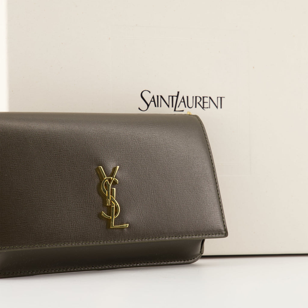 Saint Laurent phone pouch, khaki leather accessory, smooth calf leather pouch, Fall-Winter 2025 collection, detachable shoulder strap