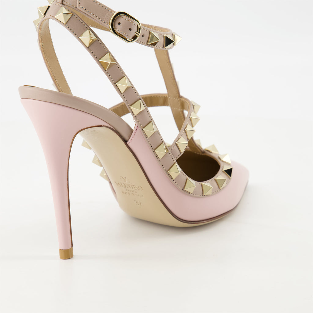 Rockstud heels, pink leather shoes, Valentino Garavani, elegant footwear, ankle strap heels