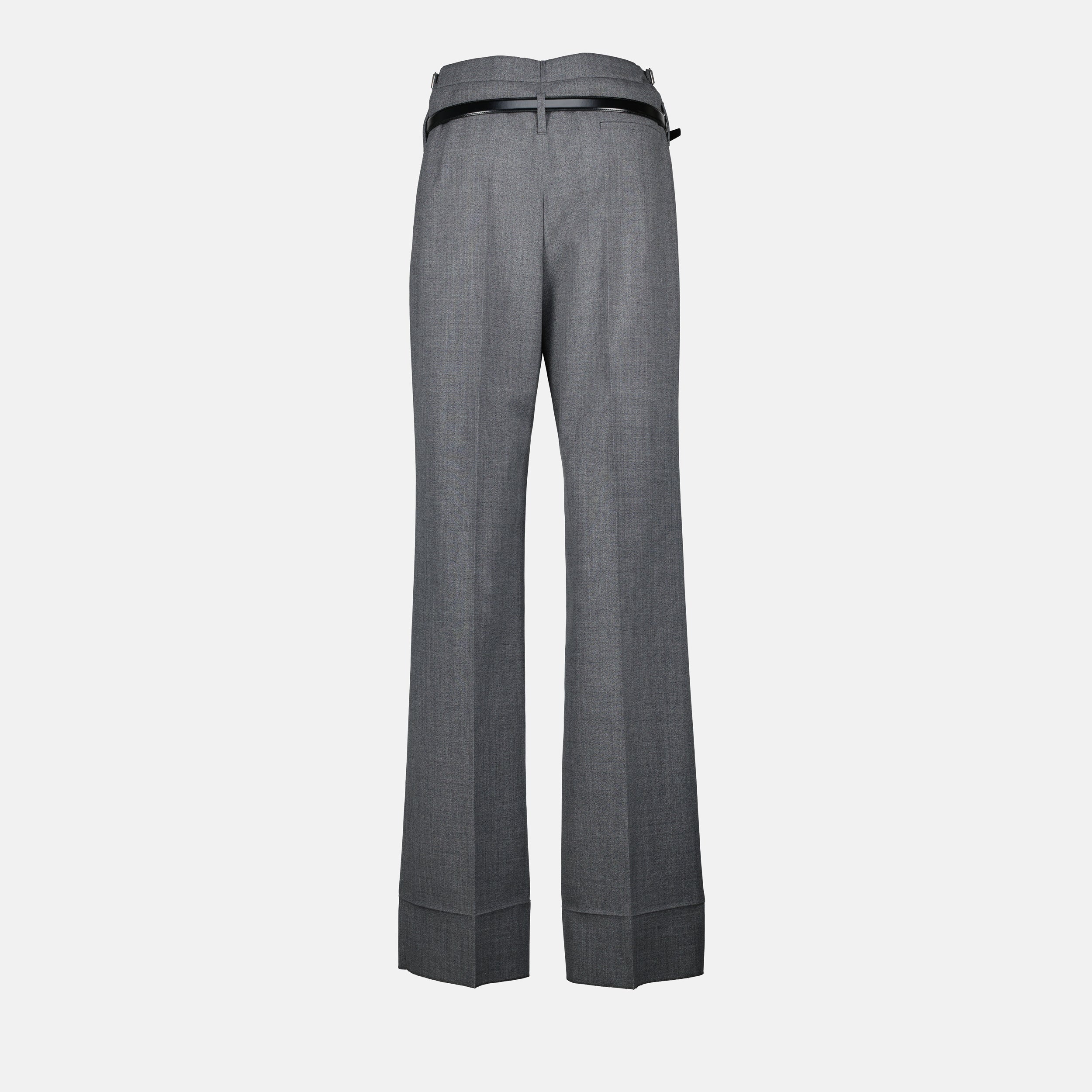 gray wool trousers, flare cut trousers, Prada trousers, women's trousers, tailored gray pants