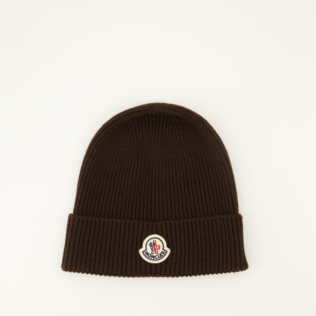 Moncler beanie, brown wool hat, ribbed knit beanie, Autumn-Winter accessory, felt logo hat