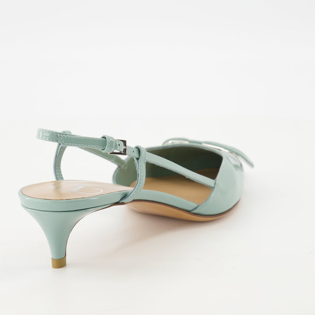 green pumps, patent leather shoes, VLogo footwear, women’s heels, designer pumps