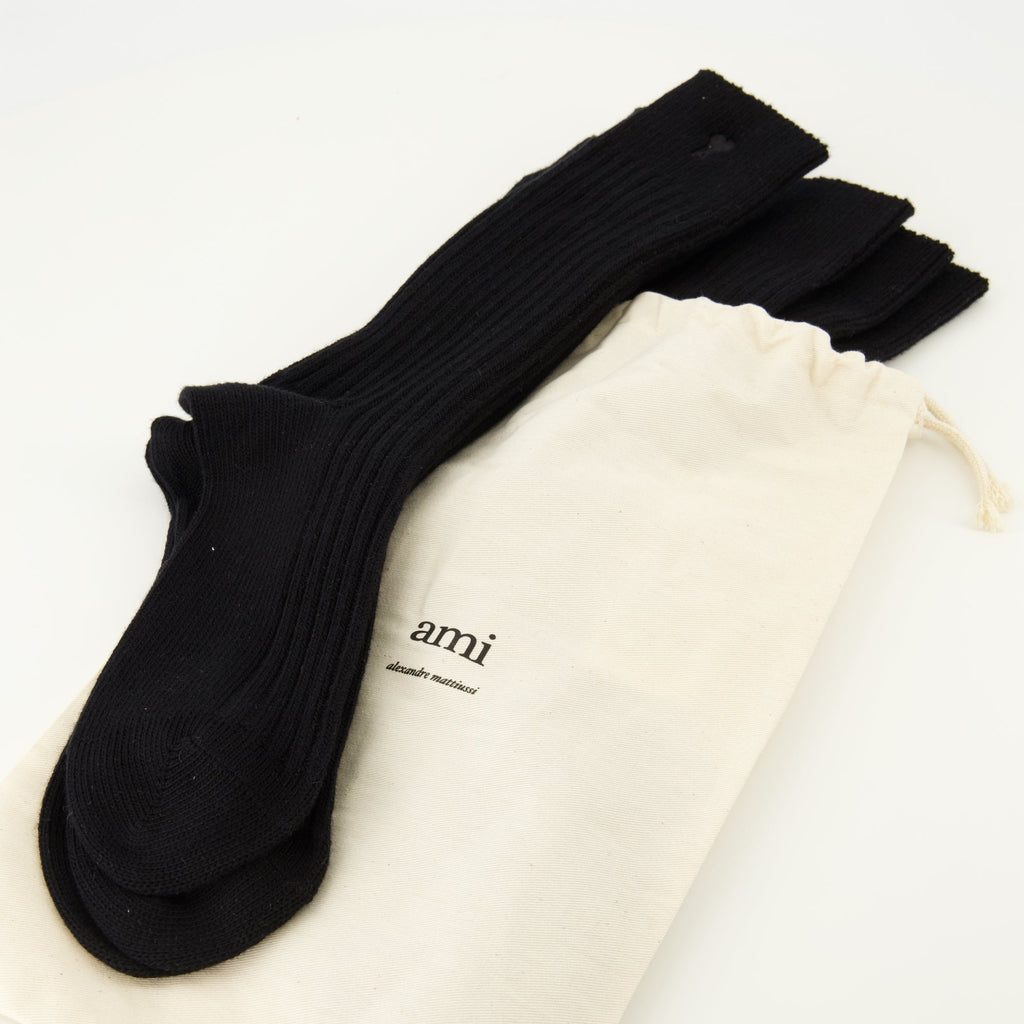 AMI Paris socks, Ami de Coeur black socks, cotton socks, ribbed edge socks, unisex socks