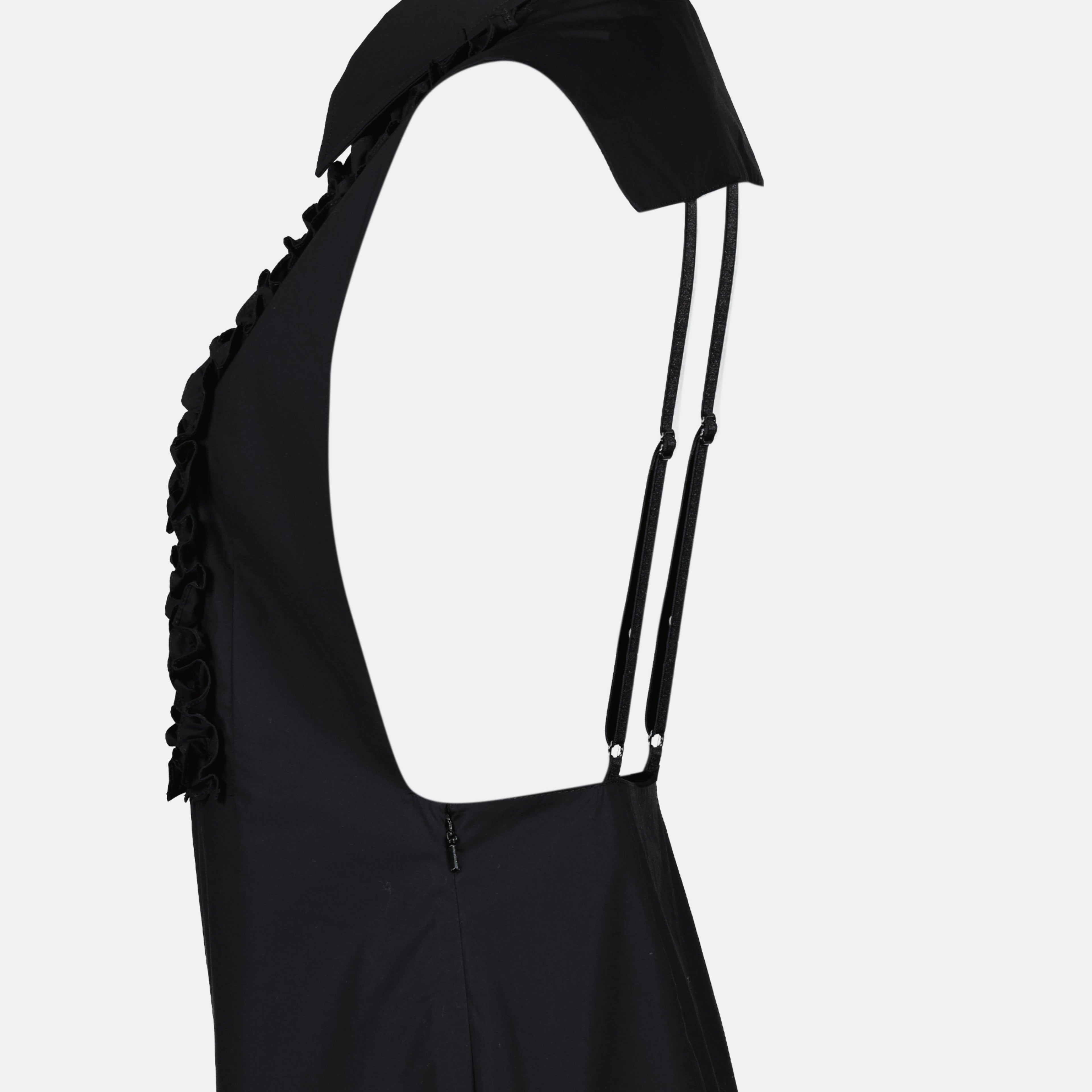 black poplin dress, Moschino dress, ruffled dress, adjustable straps, mini dress