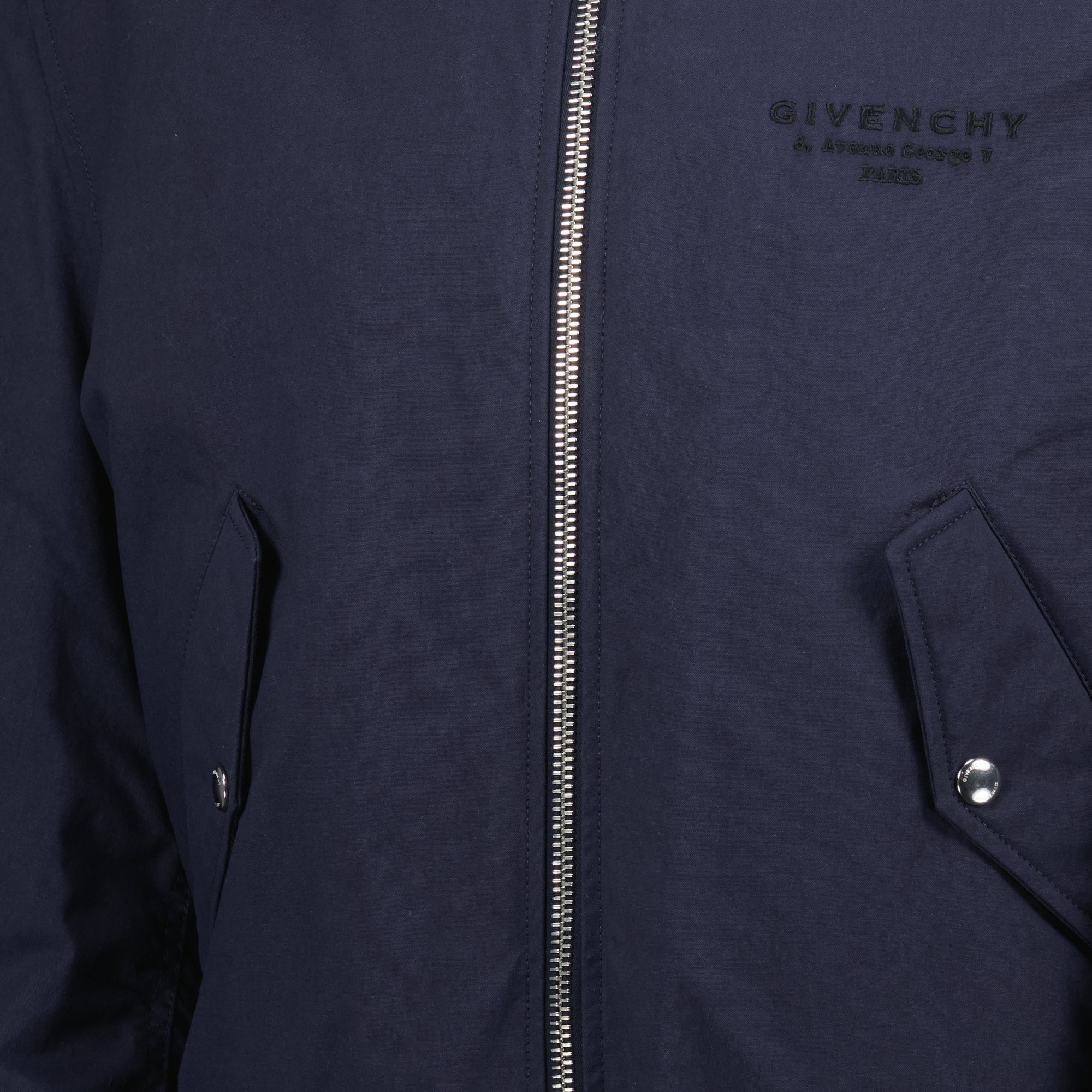 Givenchy bomber jacket, navy blue jacket, designer outerwear, cotton nylon blend, embroidered logo jacket