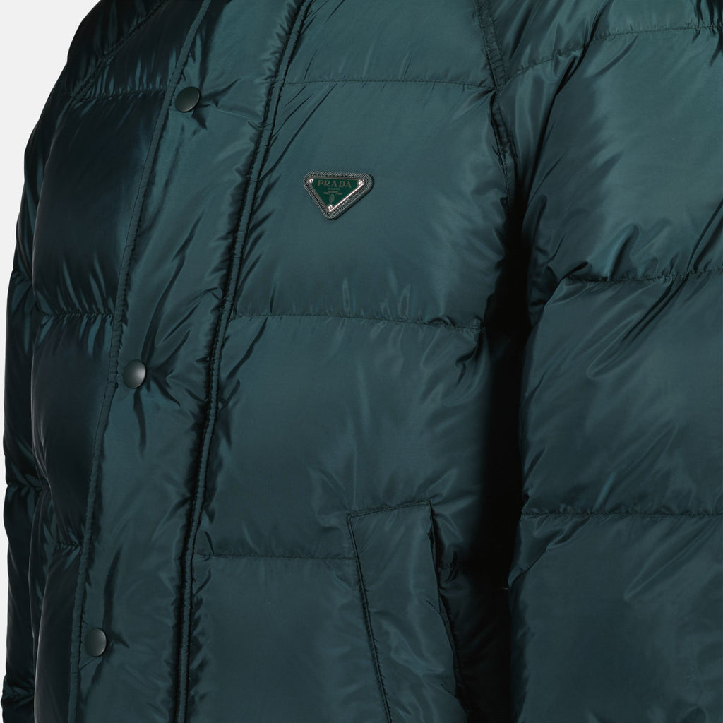 Prada jacket, recycled nylon jacket, teal blue jacket, Autumn-Winter fashion, luxury outerwear