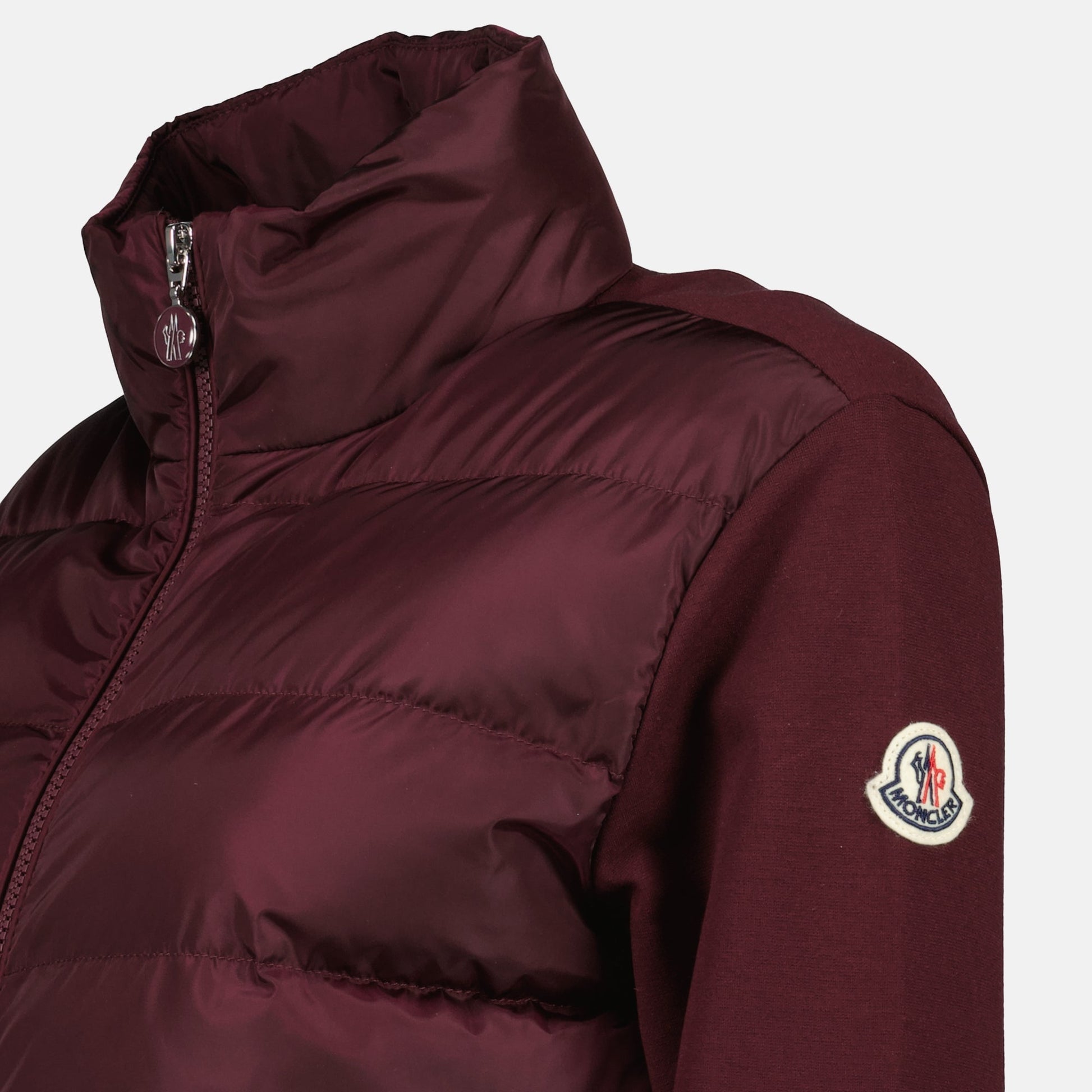 luxury jacket, bordeaux quilted jacket, Moncler fashion, high-end outerwear, bi-material jacket