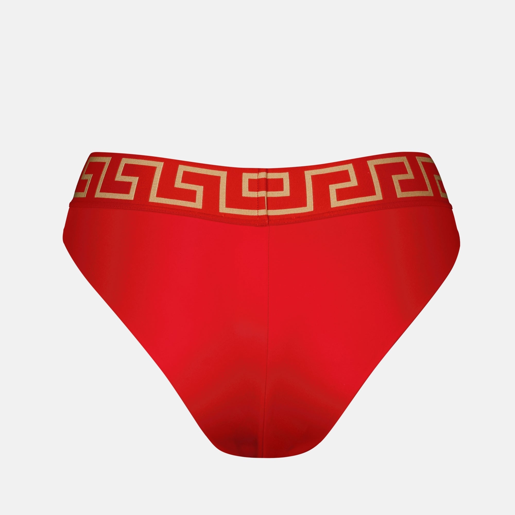 Versace, Greca bikini bottoms, luxury swimwear, red bikini, high-end fashion