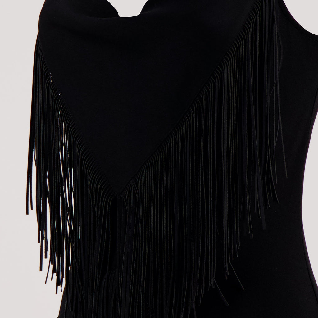 fringe dress, Rabanne dress, long dress black, cowl neck dress, summer fashion
