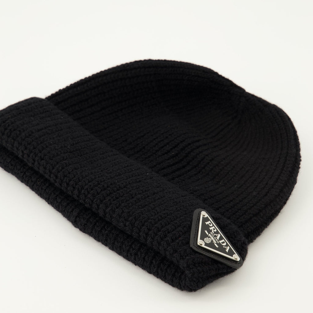 Prada beanie, black wool hat, ribbed wool accessory, triangle logo, Autumn-Winter collection