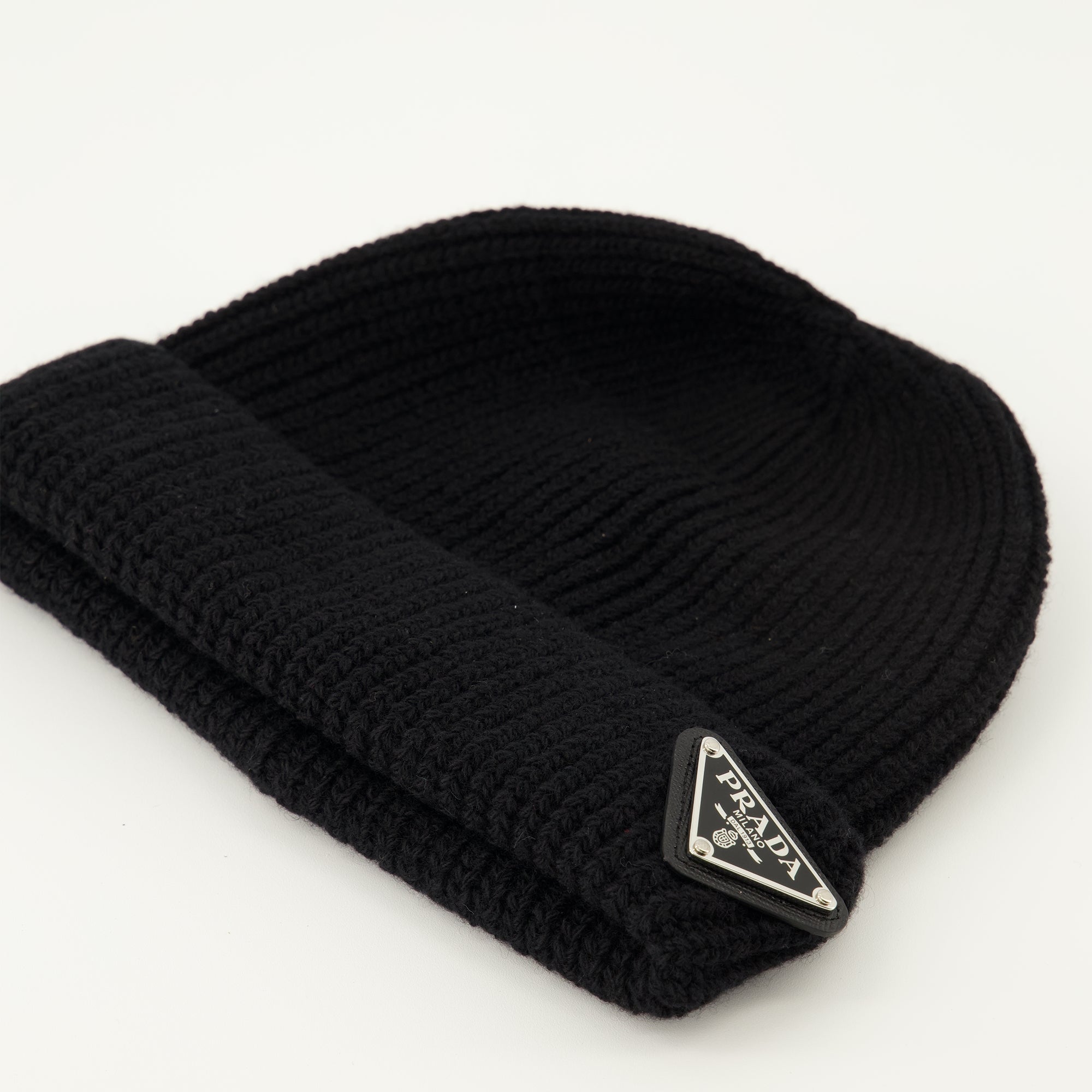Prada beanie, black wool hat, ribbed wool accessory, triangle logo, Autumn-Winter collection