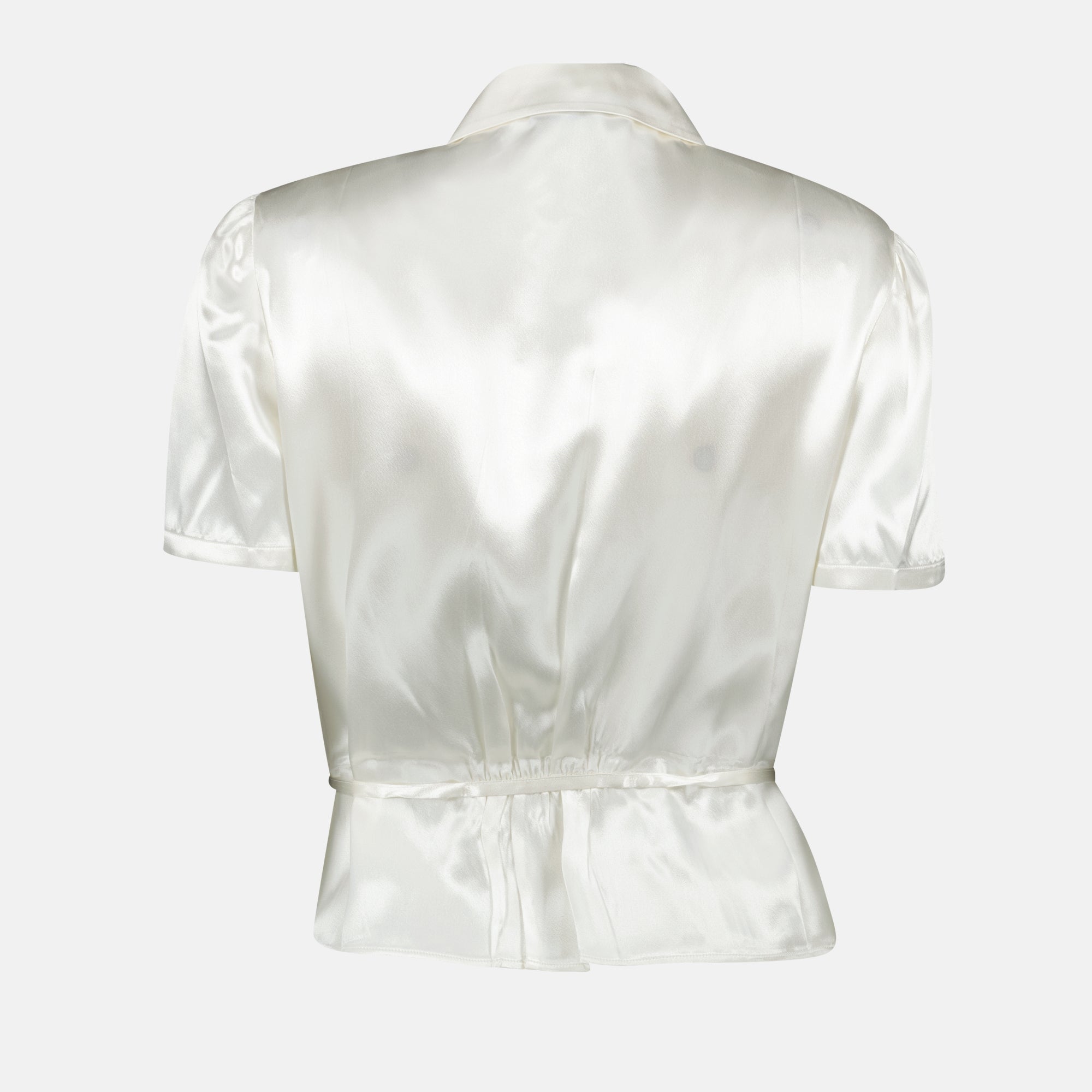 satin shirt, Prada, tailored fit, white shirt, classic collar