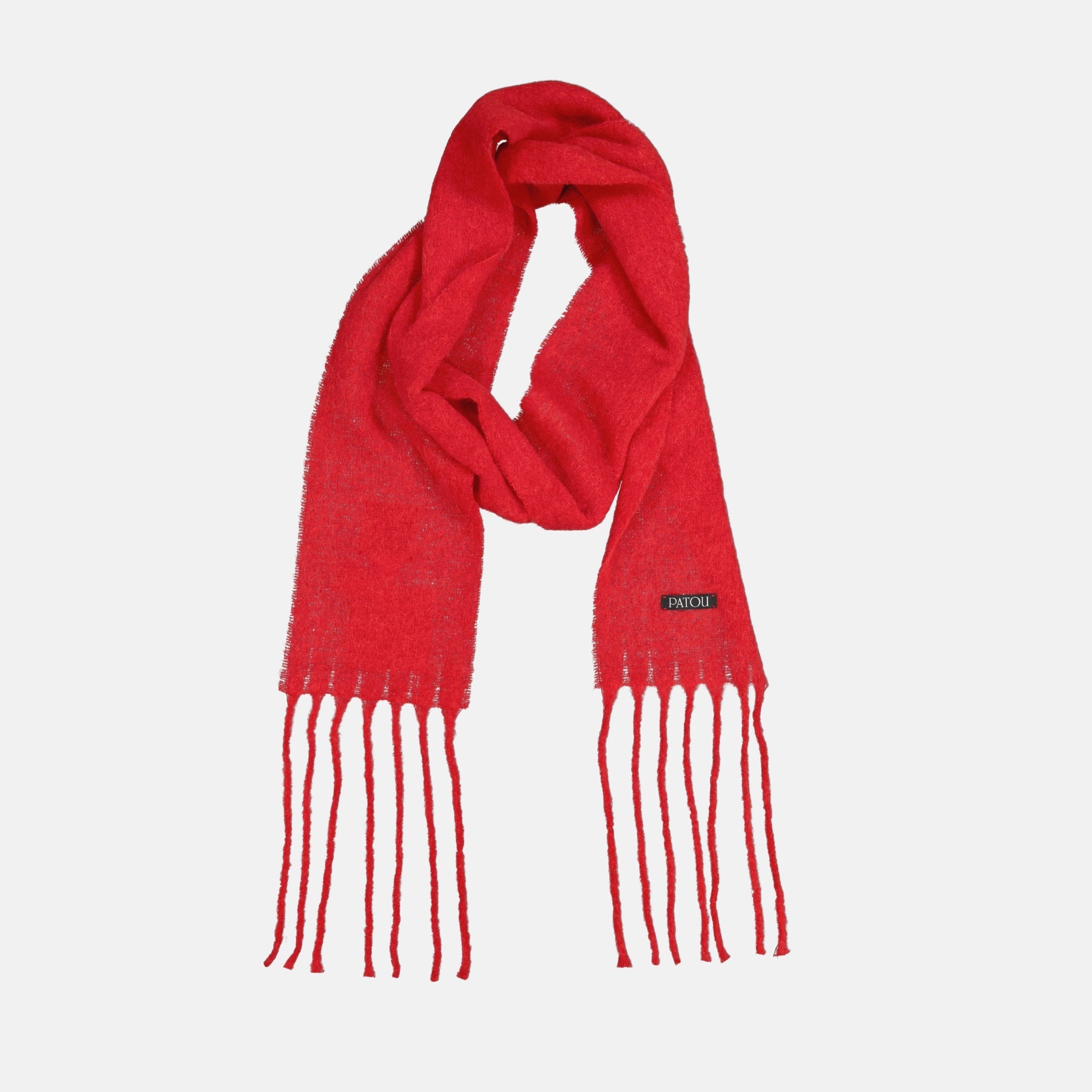Patou scarf, red wool scarf, fringed scarf, wool accessory, Autumn-Winter 2025