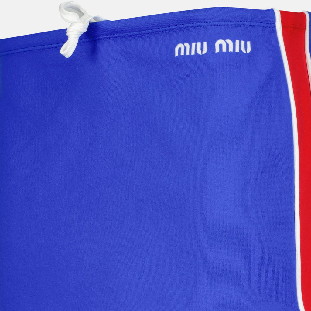 Miu Miu mini skirt, blue red skirt, spring summer collection, fashionable skirt, drawstring closure