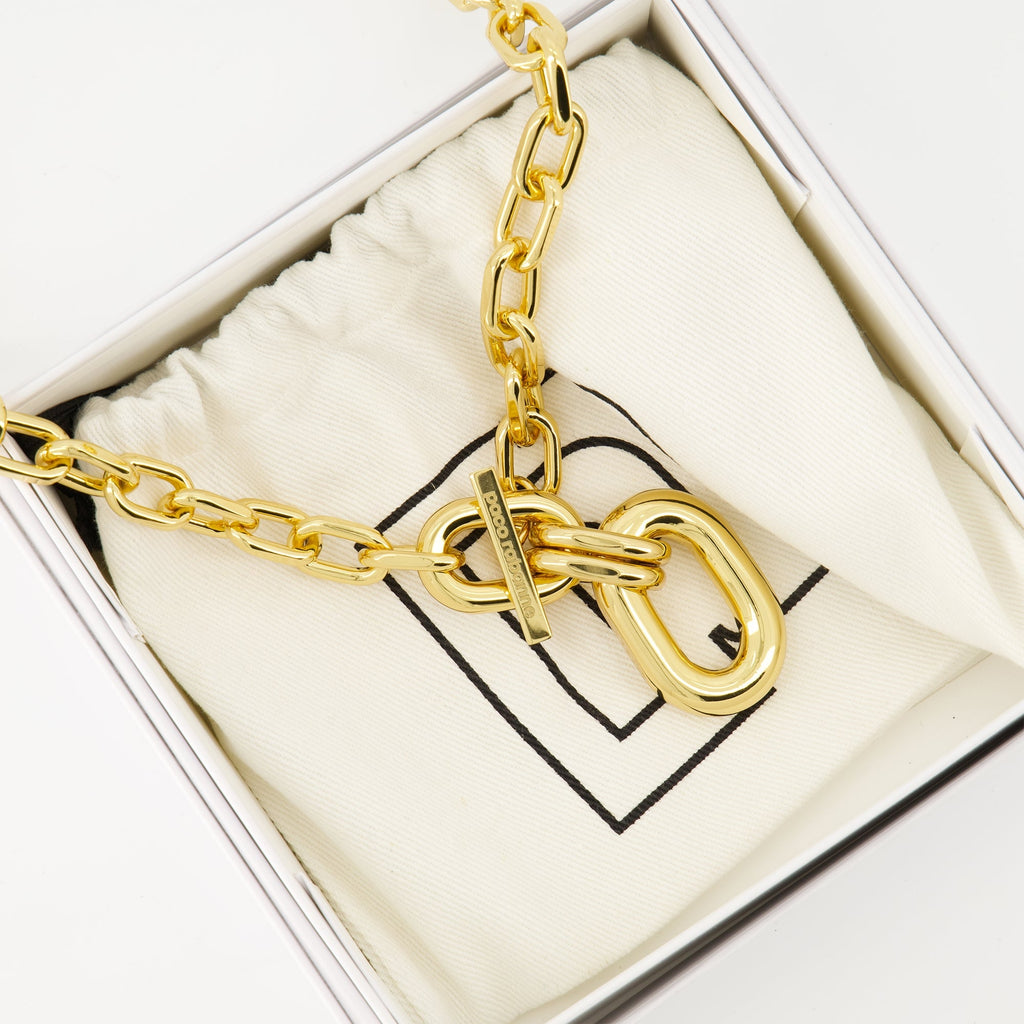 gold necklace, thick link chain, T-bar closure, Rabanne jewelry, Spring-Summer 2025