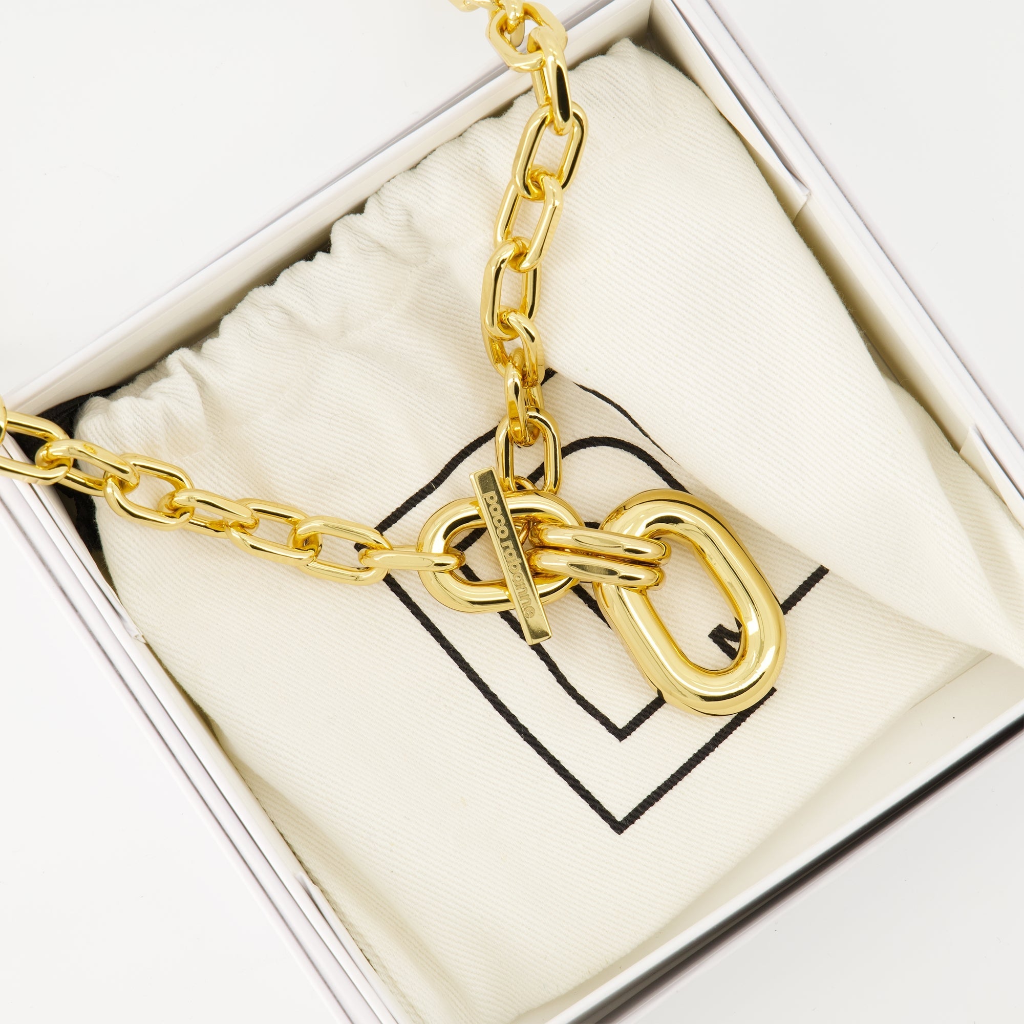 gold necklace, thick link chain, T-bar closure, Rabanne jewelry, Spring-Summer 2025