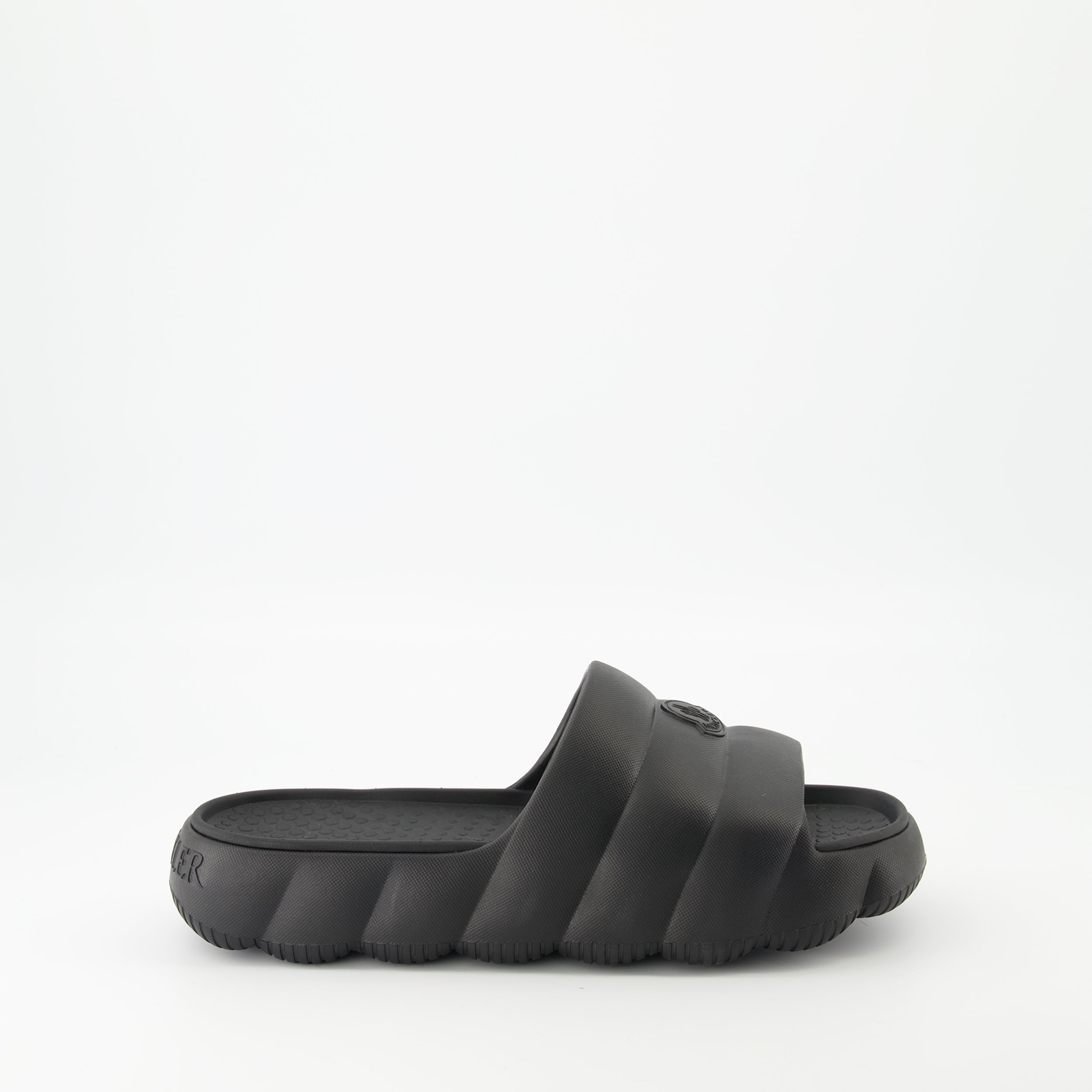 Moncler sandals, black slide sandals, Lilo sandals, luxury footwear, elegant slide sandals