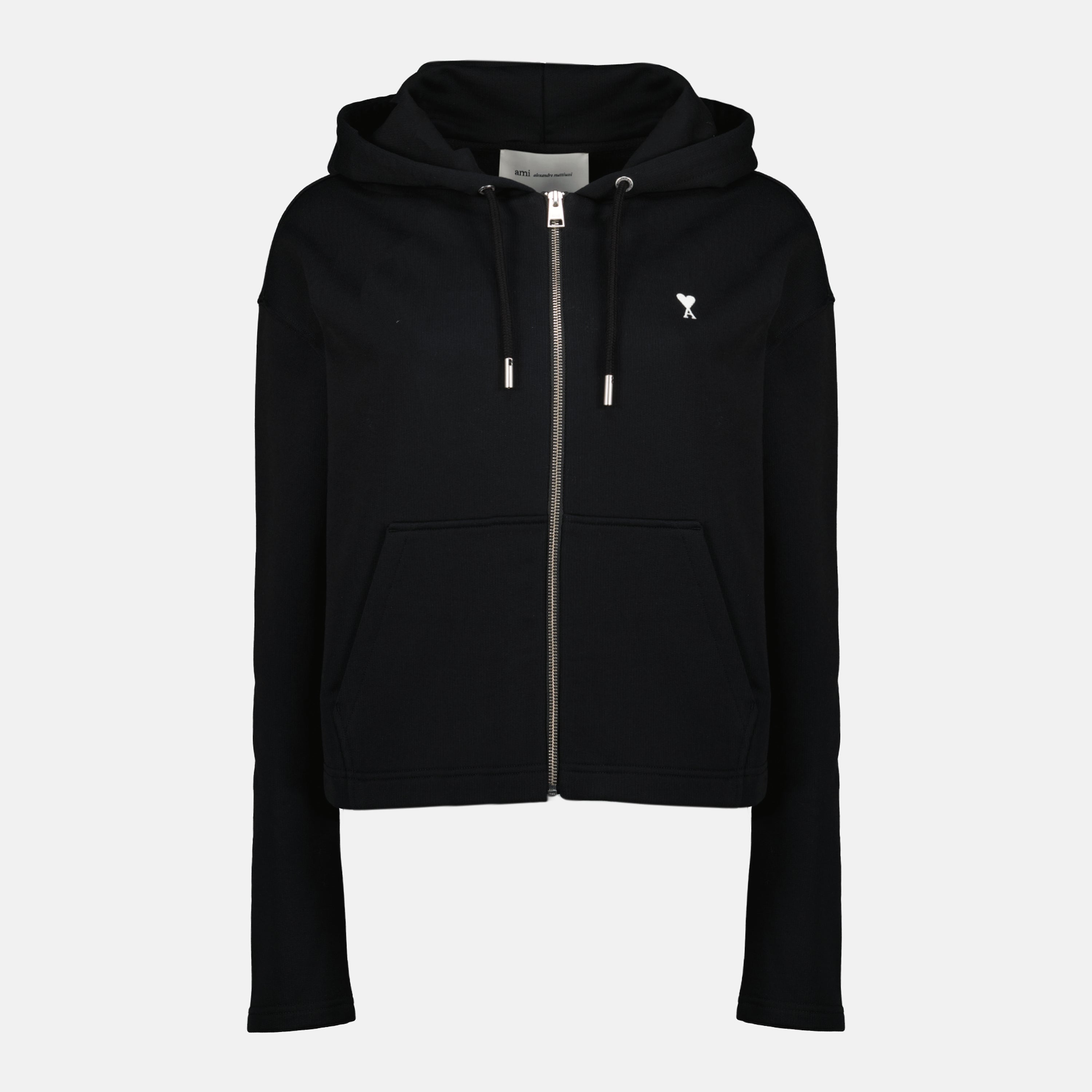 Image du sweat à capuche zippé noir par Ami PARIS pour femmes - Saison Printemps-Été 2026 - Vue de face