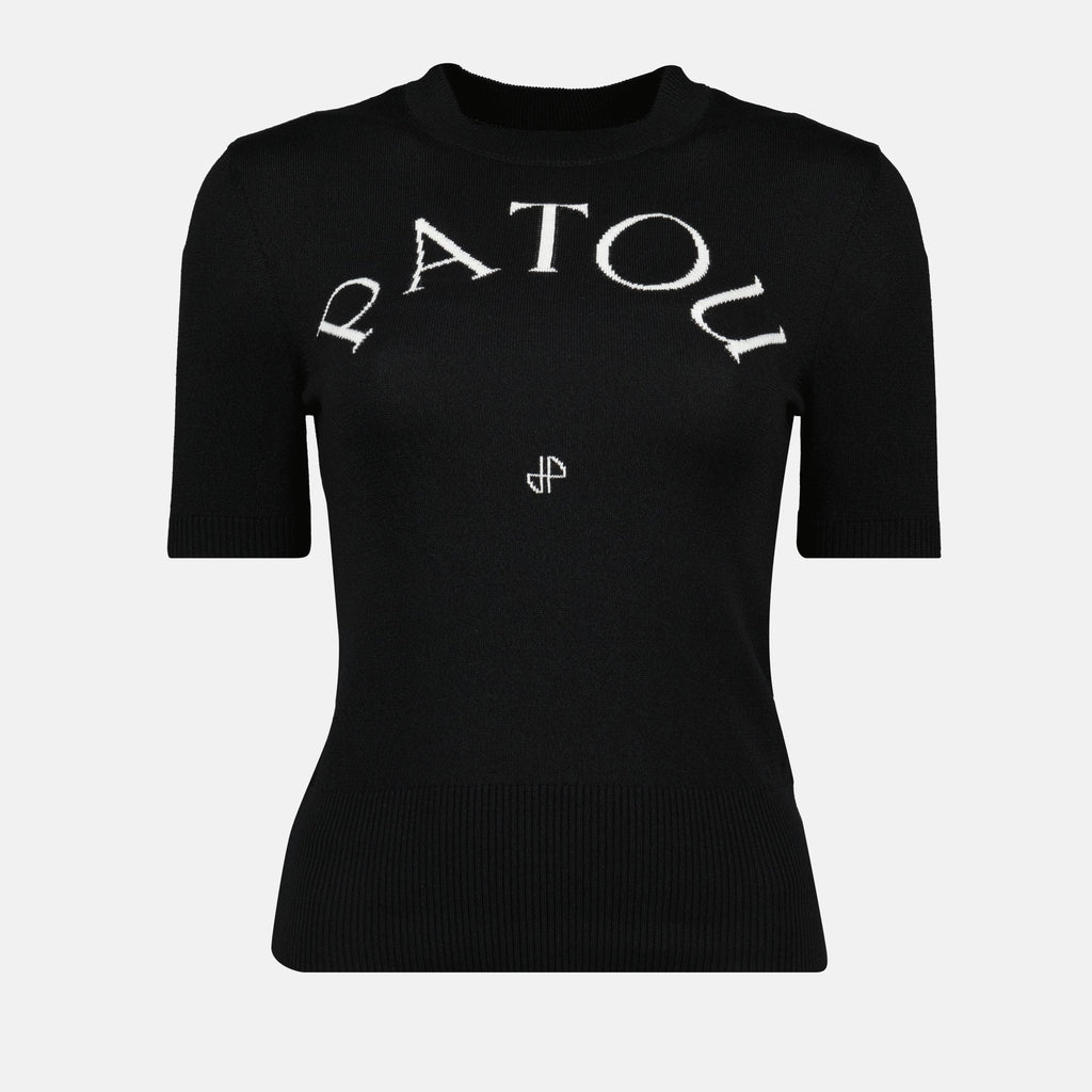 Patou knit sweater, black knitwear, Autumn-Winter collection, short sleeve sweater, embroidered logo top