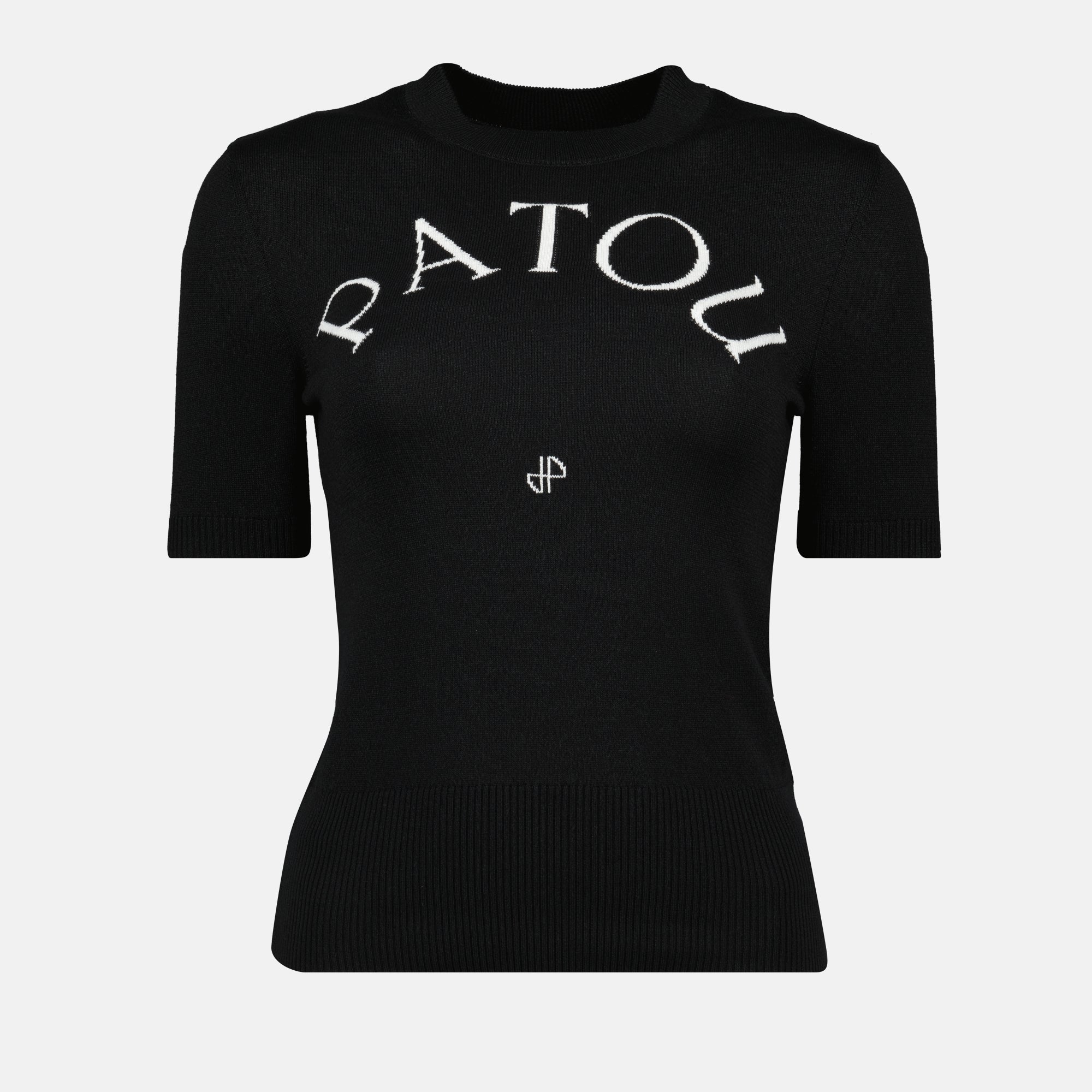Patou knit sweater, black knitwear, Autumn-Winter collection, short sleeve sweater, embroidered logo top