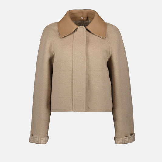 beige wool blouson, Fall-Winter 2024, wool and silk blend, classic collar, elegant layering