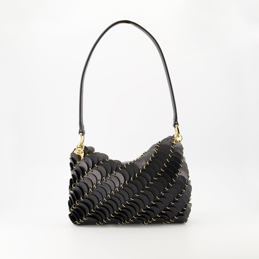 black leather bag, Paco bag, designer accessory, modern handbag, elegant purse