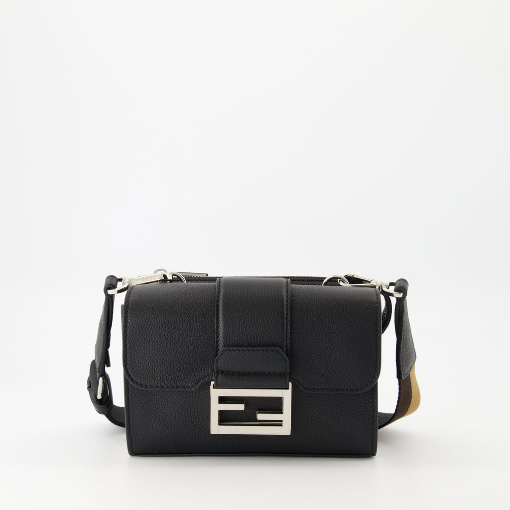 Fendi bag, Double Baguette, black leather bag, adjustable shoulder strap, modern accessories