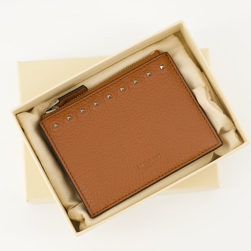 Rockstud Wallet, Valentino Garavani, brown leather wallet, grained calfskin wallet, zip closure wallet
