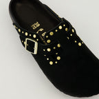 suede mules, gold studded mules, Boston mules, slip-on shoes, anatomical footbed