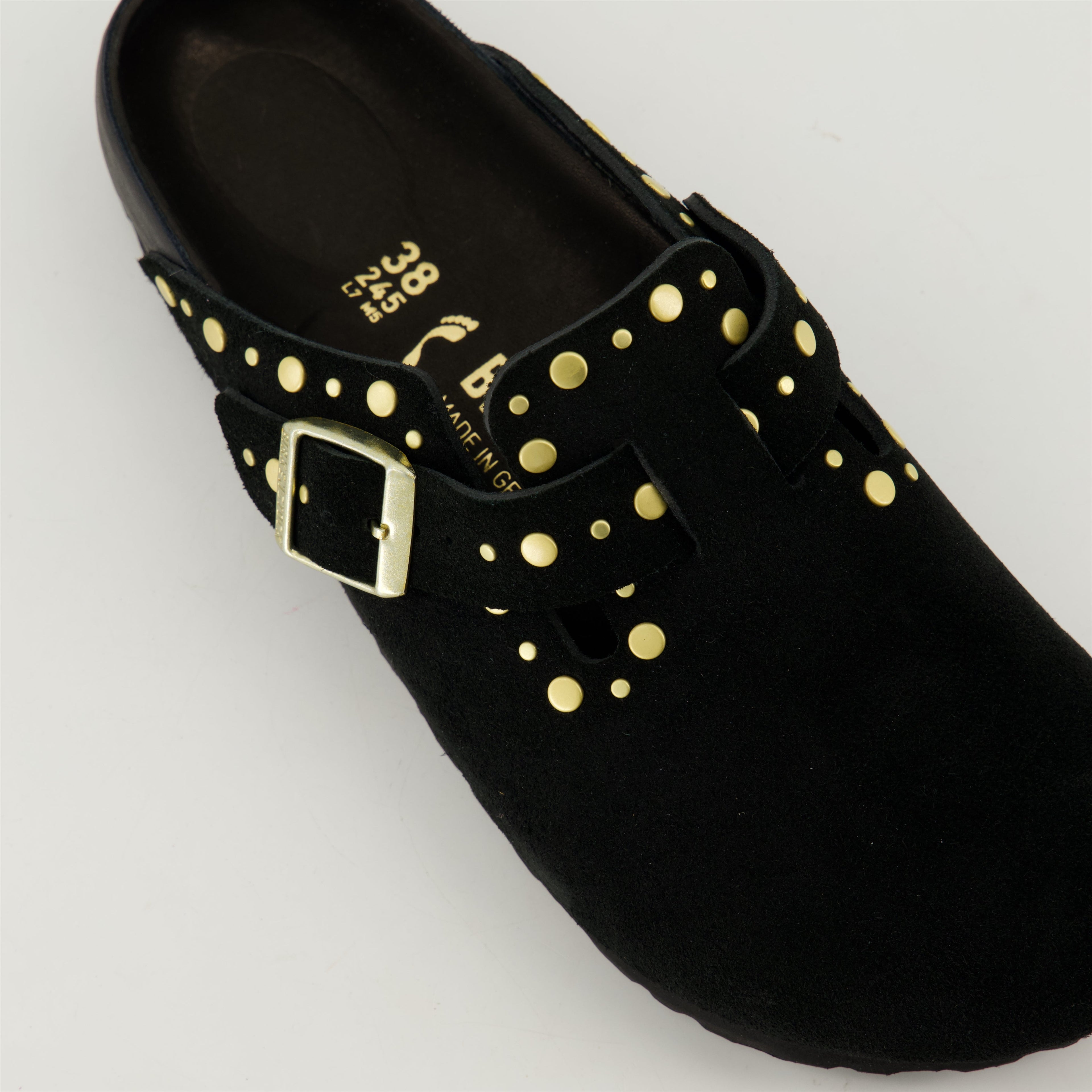 suede mules, gold studded mules, Boston mules, slip-on shoes, anatomical footbed