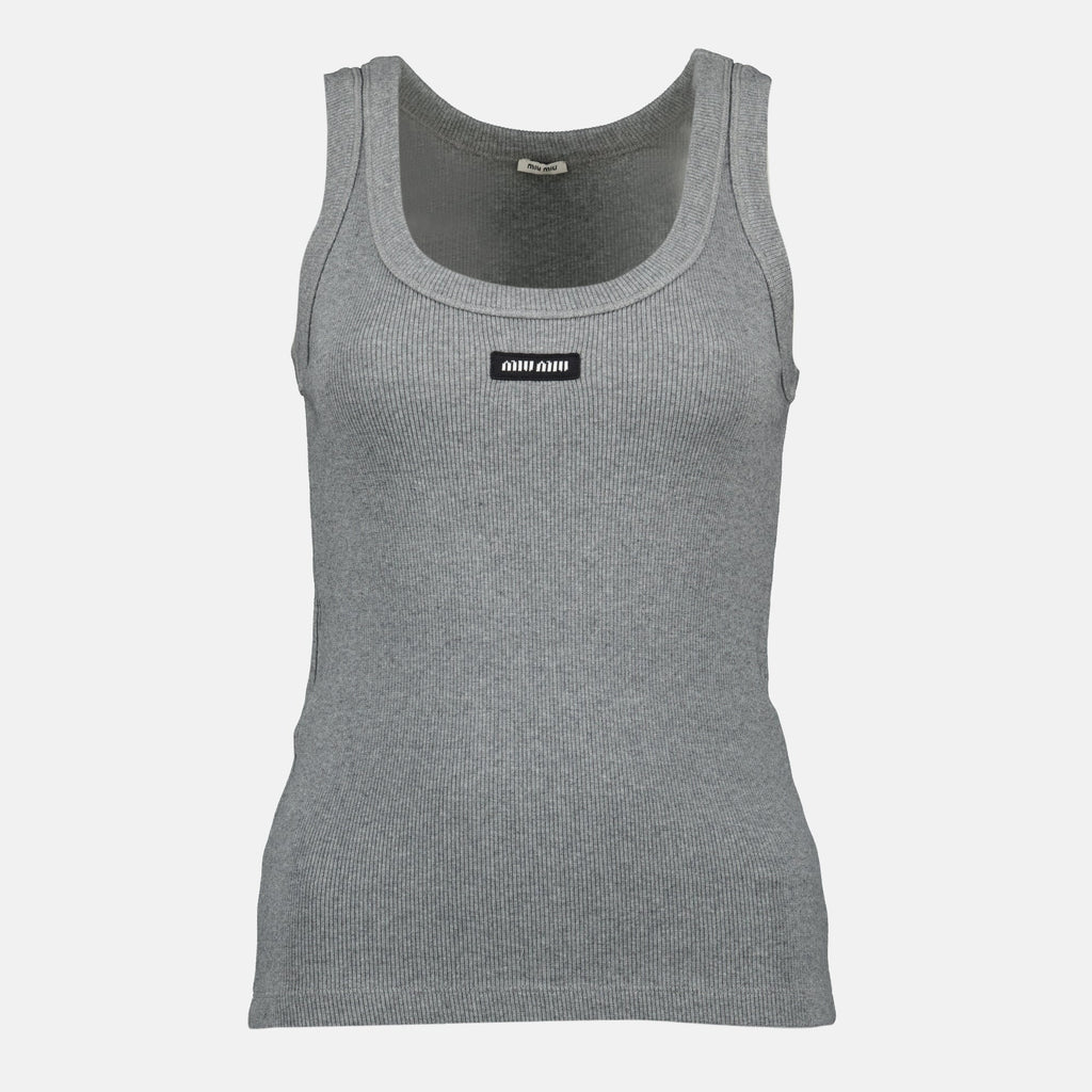 Image du débardeur gris côtelé de Miu Miu pour femmes - Saison Printemps-Été 2026 - Vue de face