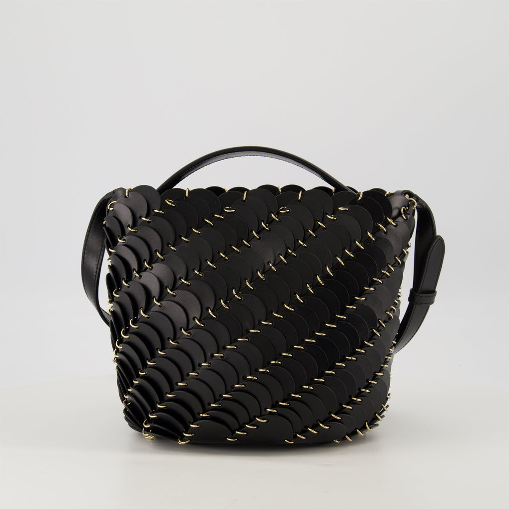 bucket bag, black handbag, Rabanne accessory, calf leather bag, chic purse