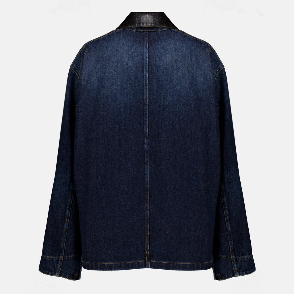 Mørkeblå denim- og skinnjakke